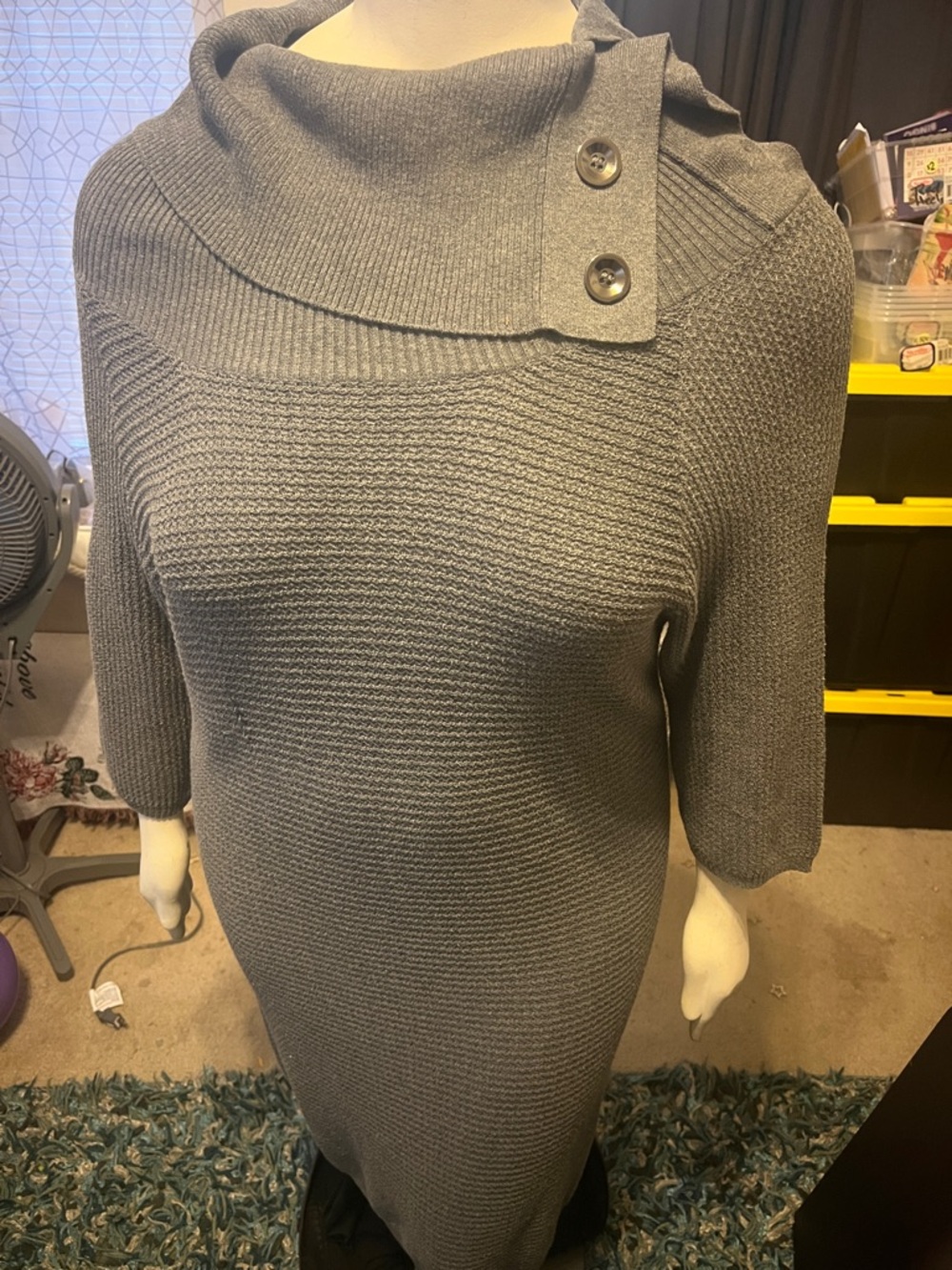 Ashley Stewart Gray Button-Shoulder Cowl Neck Sweater Dress